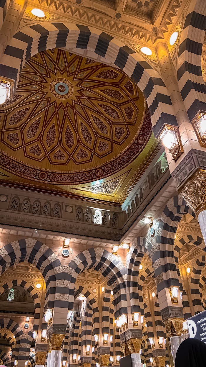 Stunning architectural details inside Al-Masjid an-Nabawi, Al Madinah, Saudi Arabia.